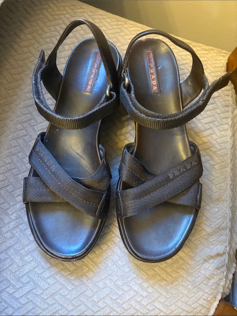 Prada dark brown/Black Leather and Webbing Crisscross Sandals w Velcro straps